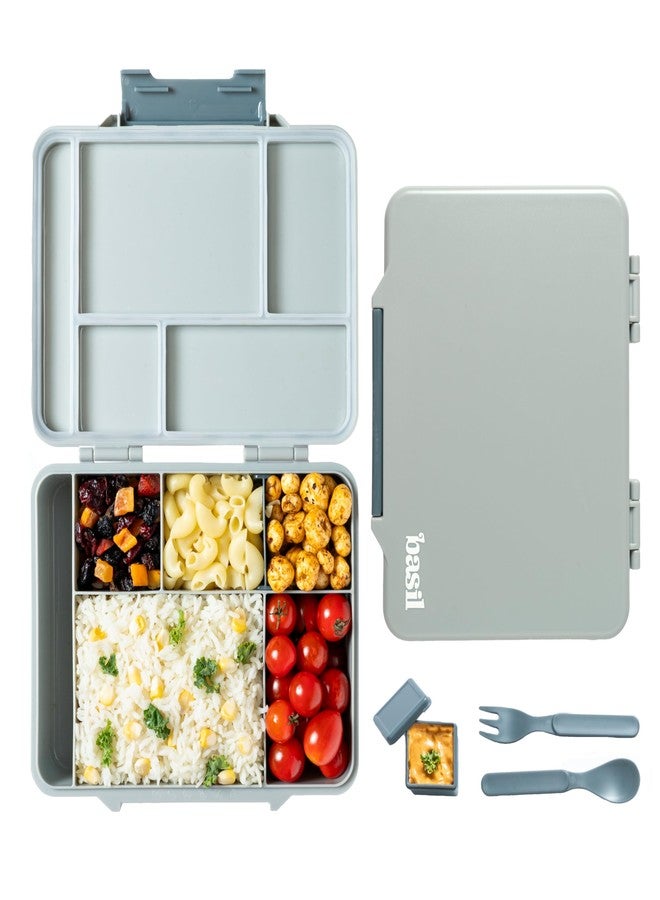 بيزيل علبة غداء بينتو من باسل بينج - 1330 مل | علبة بينتو مانعة للتسرب بخمسة أقسام للأطفال | علبة طعام خالية من مادة BPA للمدرسة | رمادي - Image 1